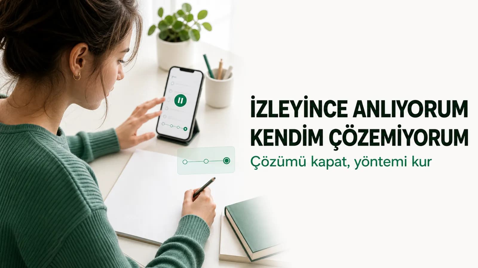 Çözüm videosunu kapatıp soruyu boş kâğıtta yeniden çözmeye çalışan öğrenci