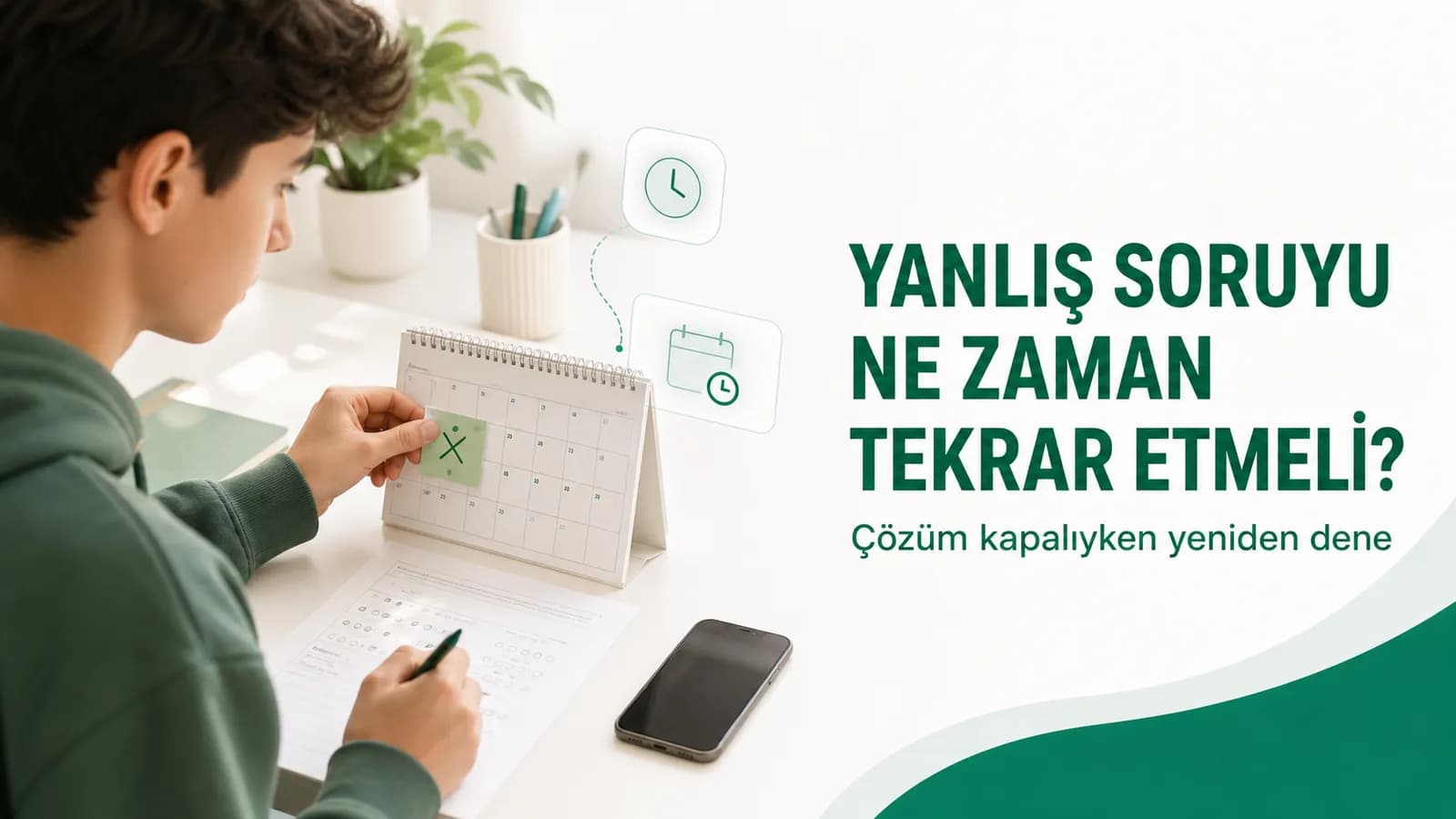 Yanlış sorular için ayarlanabilir tekrar takvimi hazırlayan öğrenci