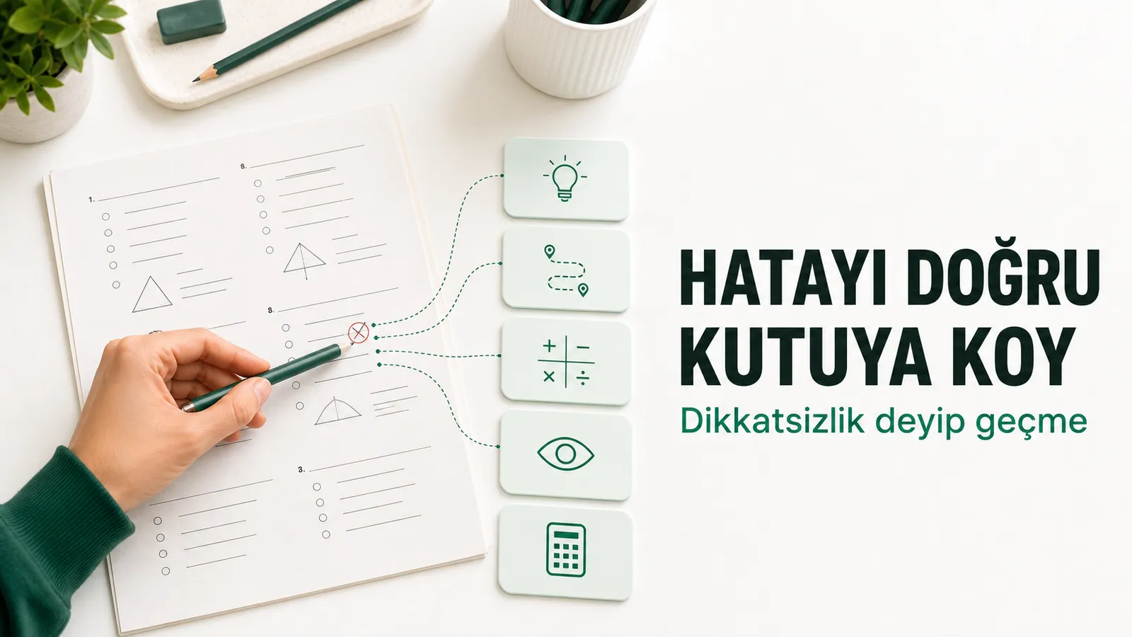 Deneme yanlışını beş hata türünden biriyle eşleştiren öğrenci