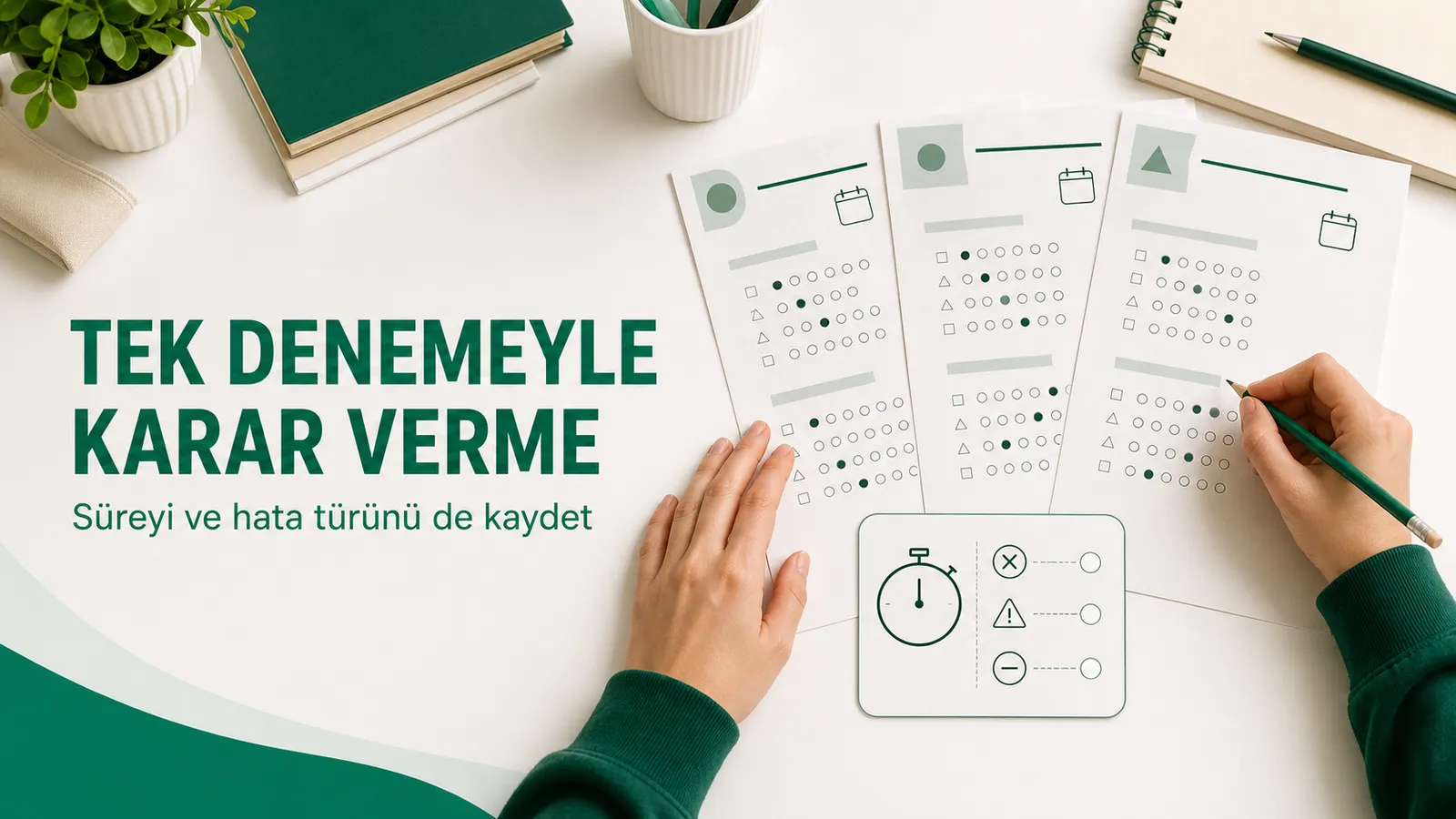 Üç farklı denemenin net, süre ve hata türlerini birlikte inceleyen öğrenci